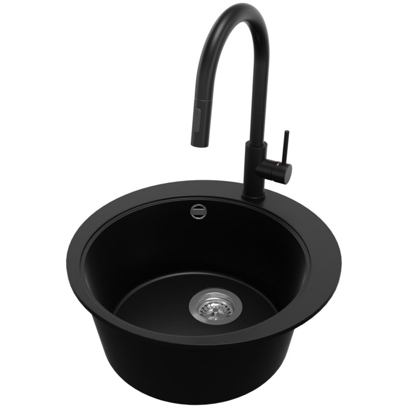 Zlewozmywak Granitowy Okrągły Piza PRIMAGRAN Nablatowy 50x50cm do szafki od 45cm z Syfonem i Baterią Czarny 1 szt.