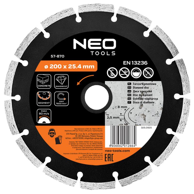 Tarcza diamentowa NEO TOOLS 200 x 25.4 mm, segmentowa 1 szt