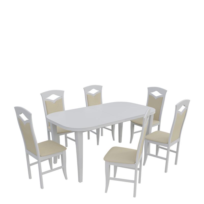 Zestaw RO04 MIRJAN 24 Stół rozkładany S02 90x160/240 + 6 krzeseł K53 biały + ekoskóra ecru 1 kpl.