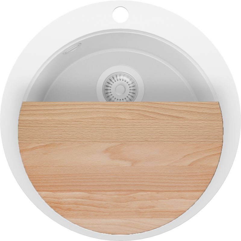 Zlewozmywak Okrągły Piza Max PRIMAGRAN Nablatowy 53x53cm do szafki od 50cm, Cały Biały + Syfon + Deska, S042, 1 szt.