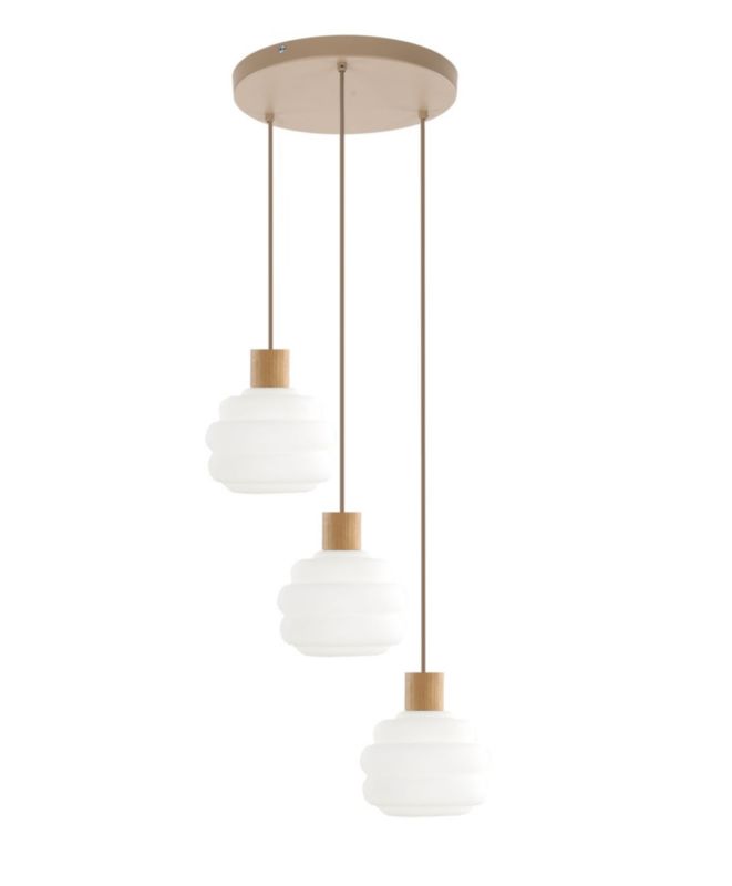 Lampa wisząca TK-Lighting Melia beżowa drewniana na kole 3Xe27 klosze mleczne - 1szt.