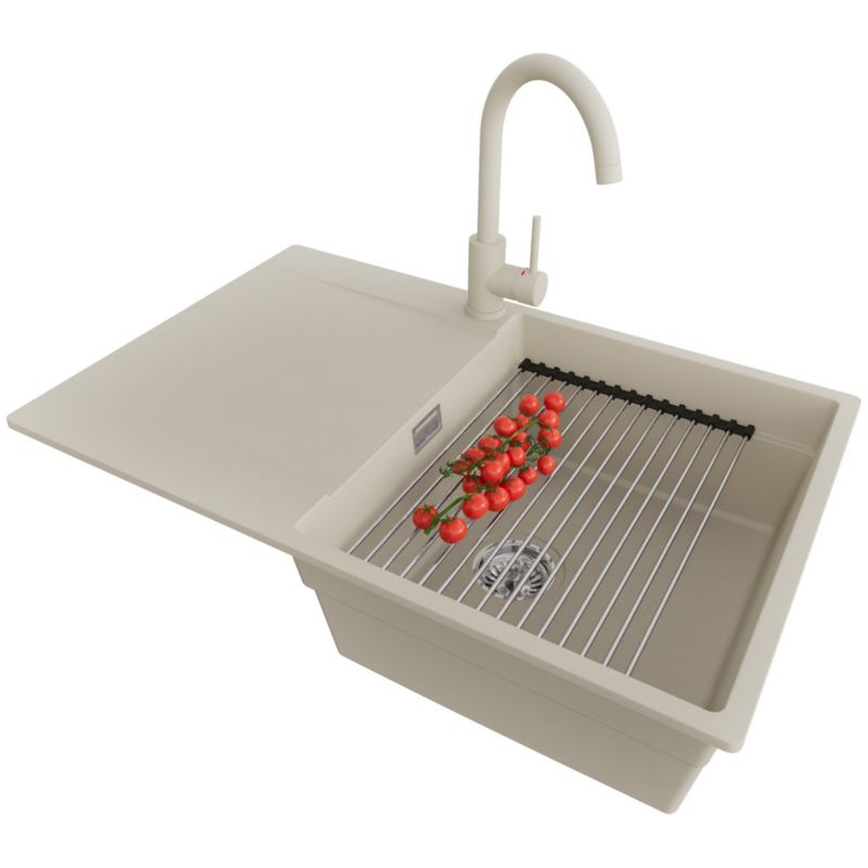 Zlewozmywak Granitowy San Francisco PRIMAGRAN Nablatowy 78x50cm, Beżowy + Bateria + Syfon + Akcesorium, S044, 1 szt.