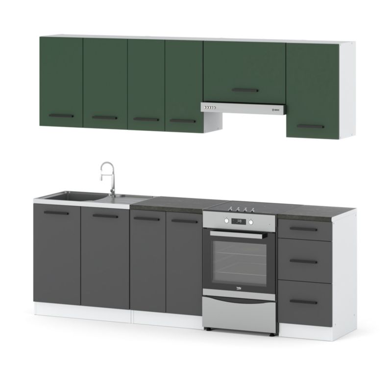 Zestaw Kuchenny Hurtownia-Mebli Z Blatem Kuchnia Mokka 240cm Biały Mat Butelkowa Zieleń/Szary Mat 240x47x145 cm 1szt.