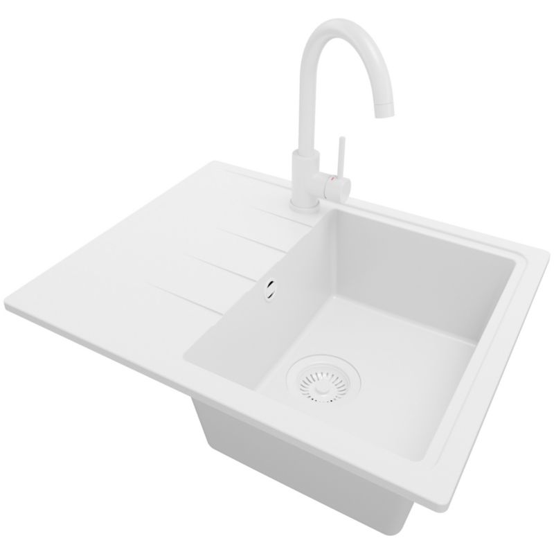 Zlewozmywak Granitowy Mediolan PRIMAGRAN Nablatowy 62x50cm do szafki od 40cm, Cały Biały + Bateria 32x20cm + Syfon, S012, 1 szt.