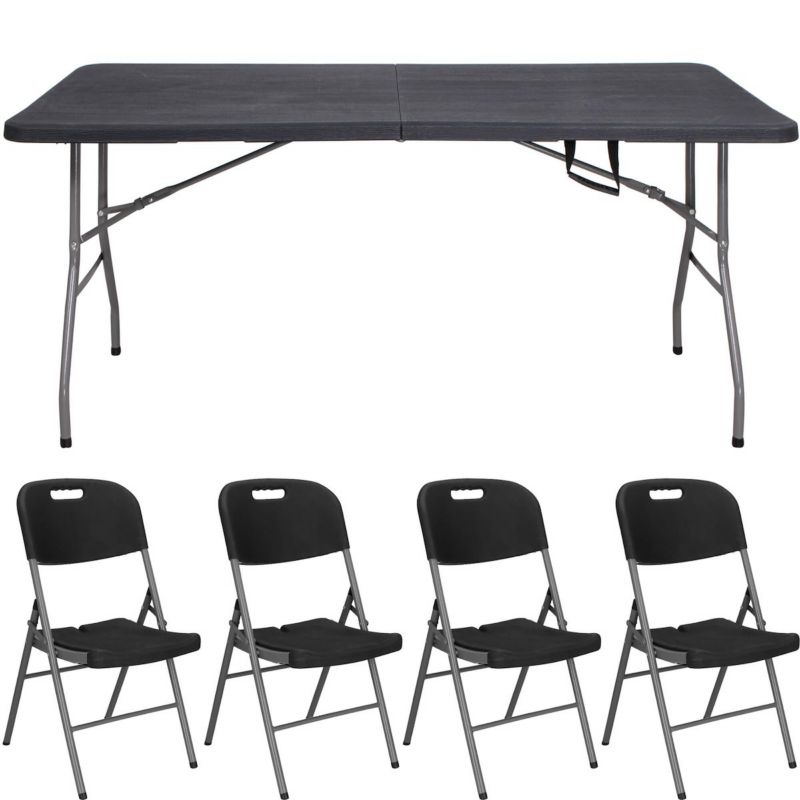 Zestaw cateringowy Springos stół 180 cm z 4 krzesłami składany na bankiet, zestaw turystyczny czarny 1 kpl.