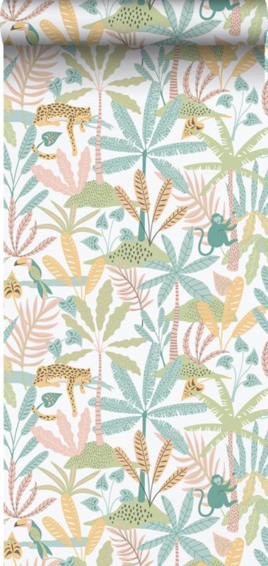 Tapeta Sanders & Sanders zwierzęta dżungli zielonym,niebieskimIżółtym 53 cm x 10.05 m - 1 rol.