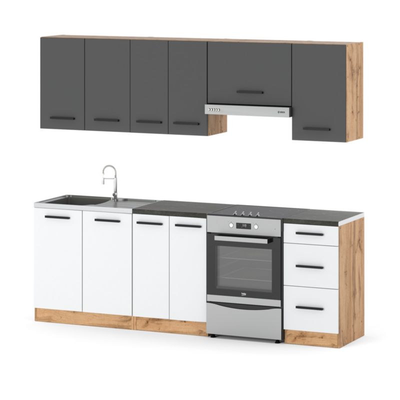 Zestaw Kuchenny Hurtownia-Mebli Z Blatem Kuchnia Mokka 240cm Dąb Wotan Szary Mat/Biały Mat 240x47x145 cm 1szt.
