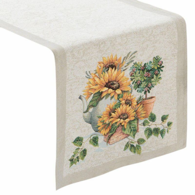 Bieżnik gobelinowy 57/NAT Eurofirany 40 x 100 cm naturalno, żółty z wzorem kwiatów słonecznika 1 szt.