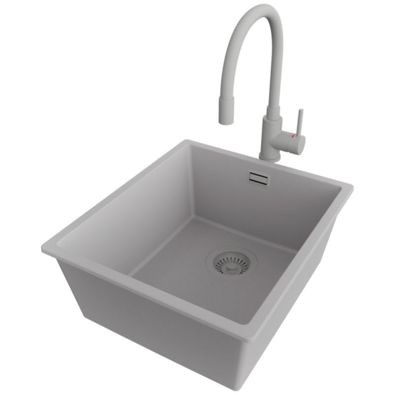 Zlewozmywak Granitowy Londyn Slim PRIMAGRAN Nablatowy 41x47cm do szafki od 45cm, Szary + Bateria 38x14cm + Syfon, S148, 1 szt.