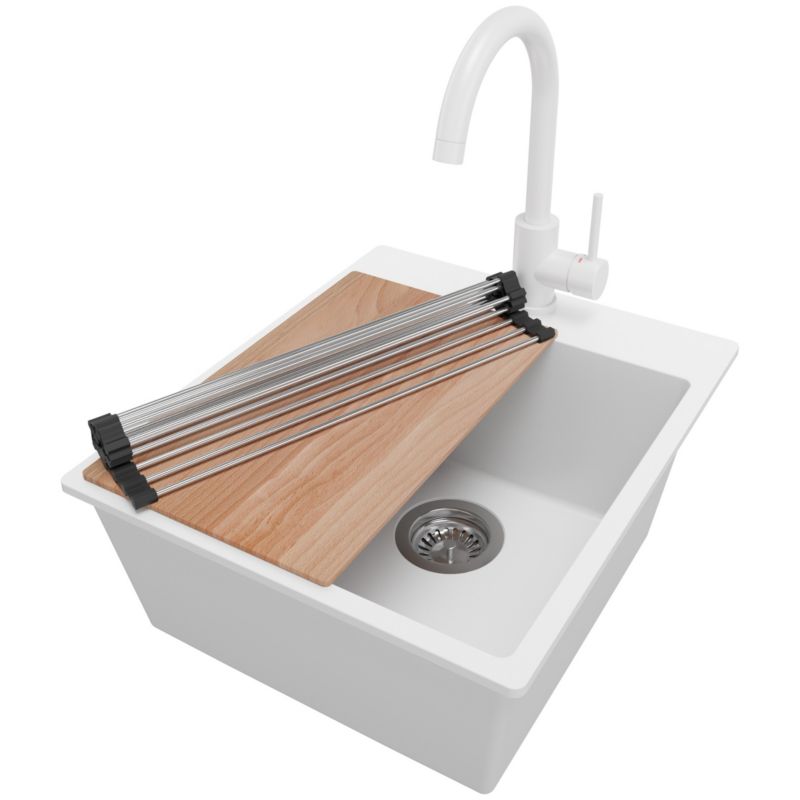 Zlewozmywak Granitowy Ryga PRIMAGRAN Nablatowy 43x50cm do szafki od 45cm z Syfonem i Baterią i Dodatkiem Biały 1 szt.