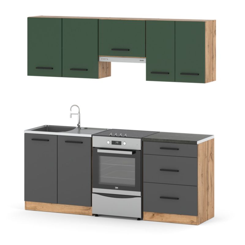 Zestaw Kuchenny Hurtownia-Mebli Z Blatem Kuchnia Mini Mokka Plus 200cm Dąb Wotan Butelkowa Zieleń/Szary Mat 200x47x145 cm 1szt.