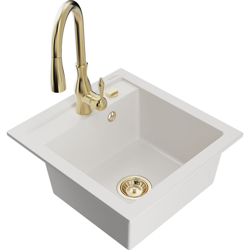 Zlewozmywak granitowy 1-komorowy Mexen Vito z baterią kuchenną Savita biały 6503-20-672601-50