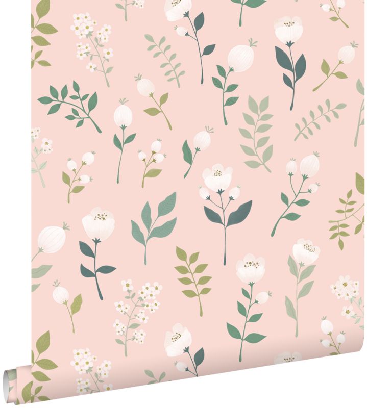 Tapeta ESTAhome kwiaty delikatnego różu,zielonymIbiałym 53 cm x 10.05 m - 1 rol.
