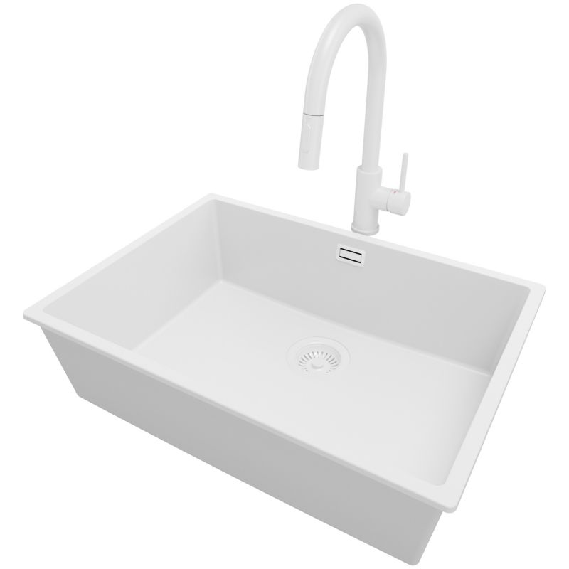 Zlewozmywak podblatowy Londyn PRIMAGRAN 66x47cm do szafki od 70cm, Cały Biały + Bateria 40x20cm + Syfon, S408, 1 szt.