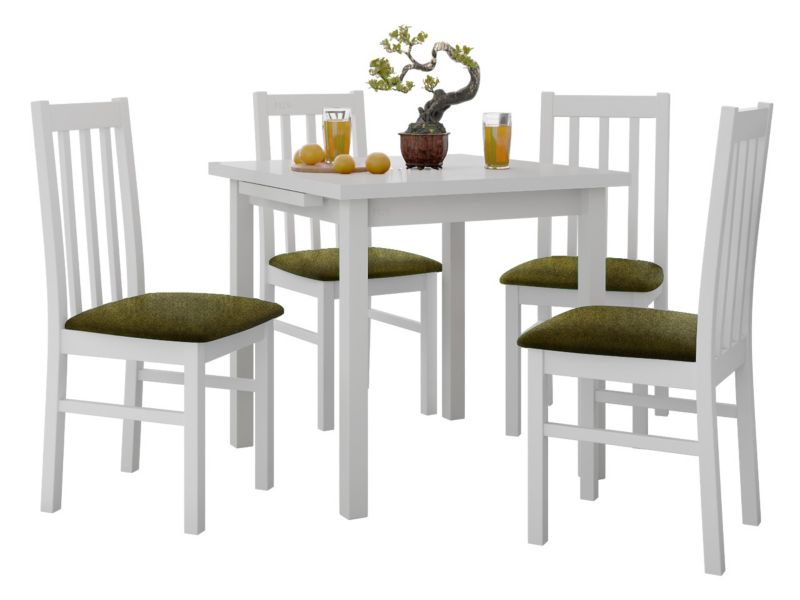 Zestaw DR14 Stół rozkładany Max VII 80x80/110 + 4 krzesła Bos 10 biały + ciemnozielona tapicerka 1 kpl.