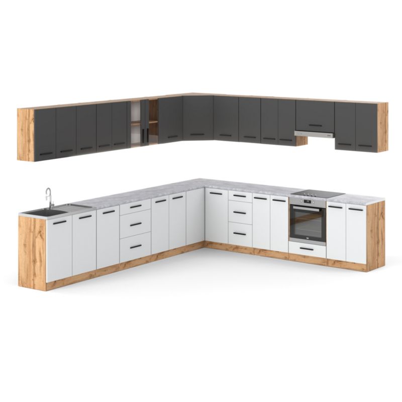 Zestaw Kuchenny Hurtownia-Mebli Z Blatem Kuchnia narożna Rossa 680cm Dąb Wotan Szary Mat/Biały Mat 680x47x145 cm 1szt.