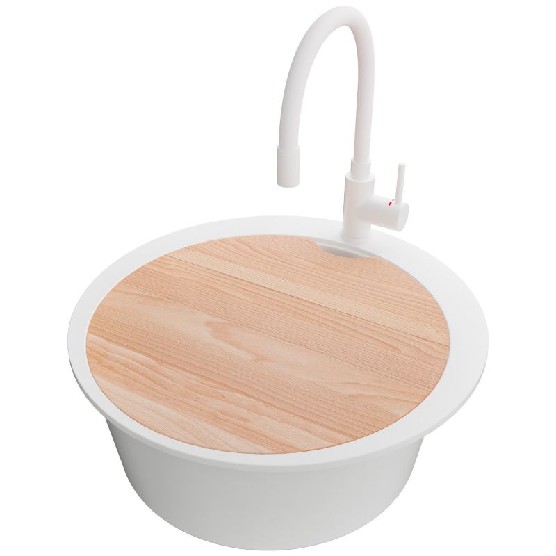 Zlewozmywak Granitowy Okrągły Piza Max PRIMAGRAN Nablatowy 53x53cm, Biały + Bateria + Syfon + Akcesorium, S063, 1 szt.