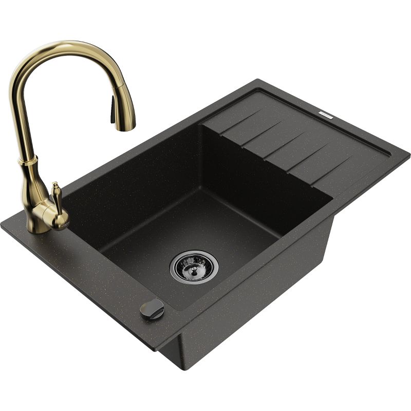 Zlewozmywak granitowy 1-komorowy Mexen Elias z ociekaczem i baterią kuchenną Savita czarny/złoty metalik 6511-75-672601-50-B