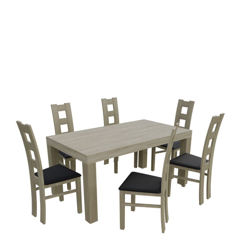 Zestaw RO46 MIRJAN 24 Stół rozkładany SF-25 90x160/210 + 6 krzeseł K42 dąb sonoma + czarna ekoskóra 1 kpl.