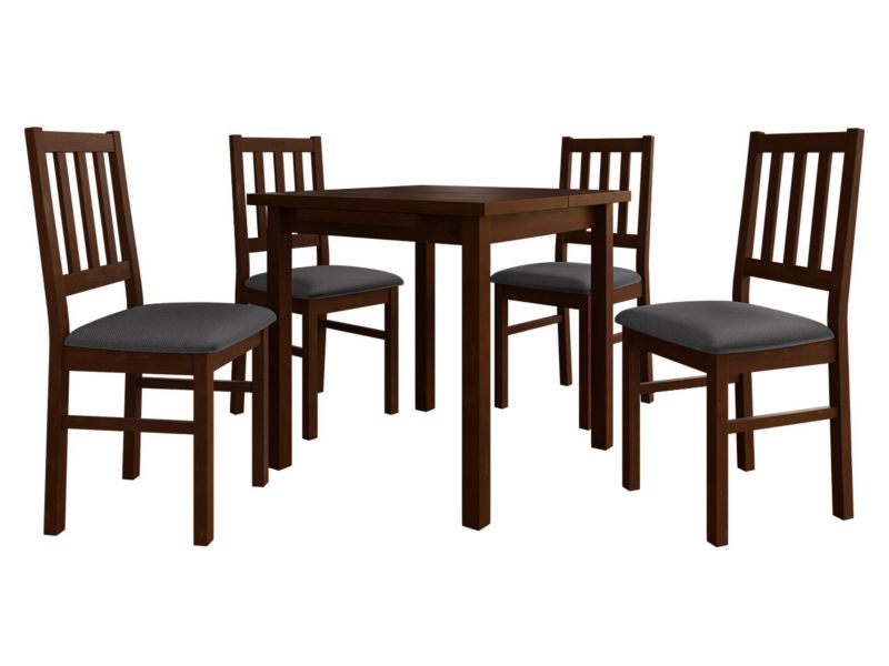 Zestaw DR09 MIRJAN 24 Stół rozkładany Max VII 80x80/110 + 4 krzesła Bos 4 orzech + ciemnoszara tapicerka 1 kpl.