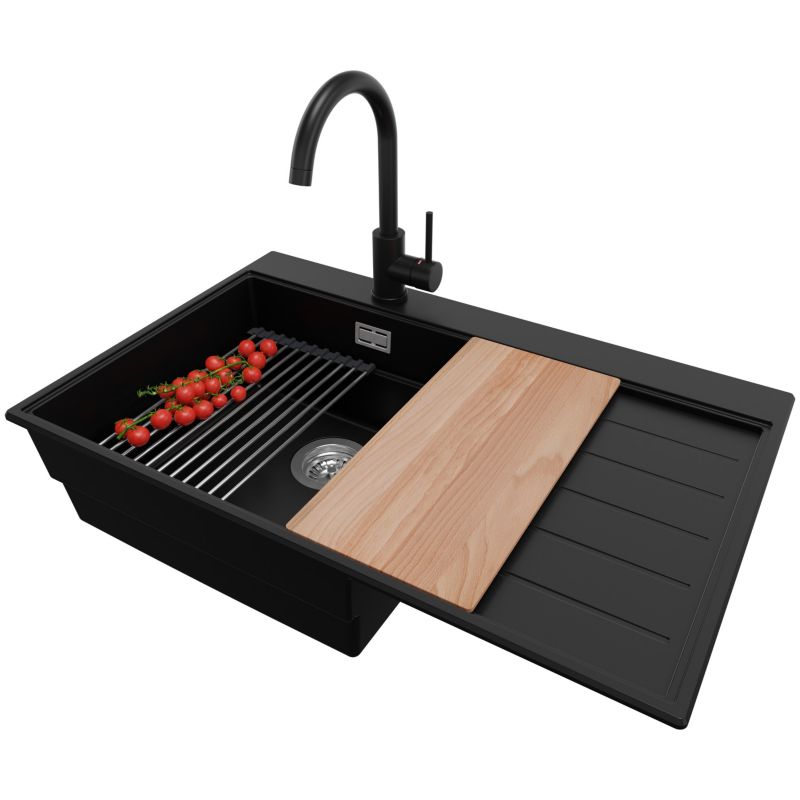 Zlewozmywak Granitowy Sydney PRIMAGRAN Nablatowy 78x50cm do szafki od 50cm, Czarny + Bateria + Syfon + Akcesoria, S368, 1 szt.