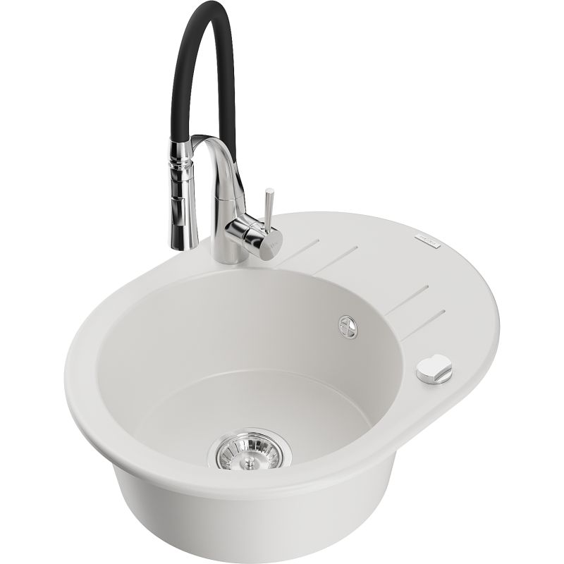 Zlewozmywak granitowy 1-komorowy Mexen Kevin z ociekaczem i baterią kuchenną Aster biały 6517-20-73450-07