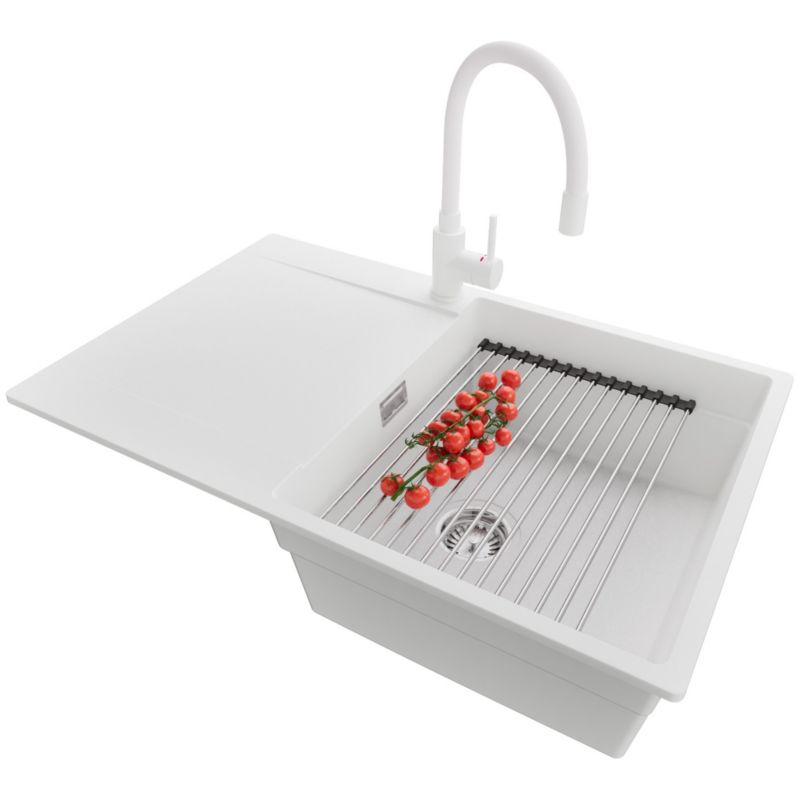 Zlewozmywak Granitowy San Francisco PRIMAGRAN Nablatowy 78x50cm, Biały + Bateria + Syfon + Akcesorium, S050, 1 szt.