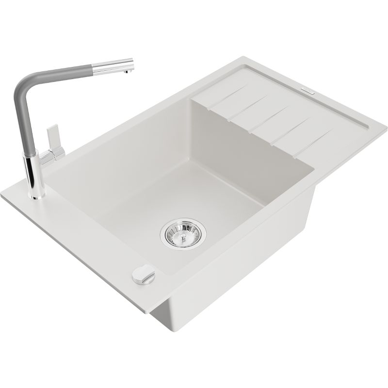 Zlewozmywak granitowy 1-komorowy Mexen Elias z ociekaczem i baterią kuchenną Flora biały 6511-20-670401-06