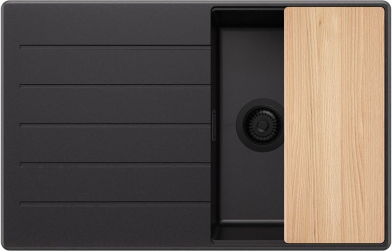 Zlewozmywak Kopenhaga PRIMAGRAN Nablatowy 78x50cm do szafki od 45cm, Cały Czarny + Syfon + Deska, S345, 1 szt.