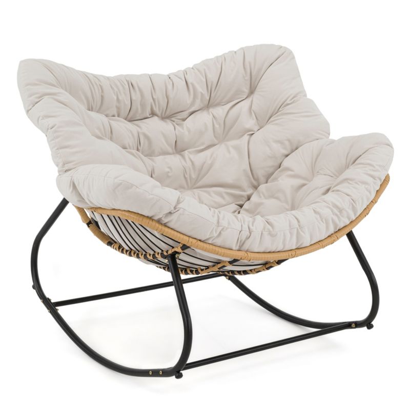 Ogrodowy fotel bujany MebleMWM technorattan boho poduszki jasny beż 1 szt.