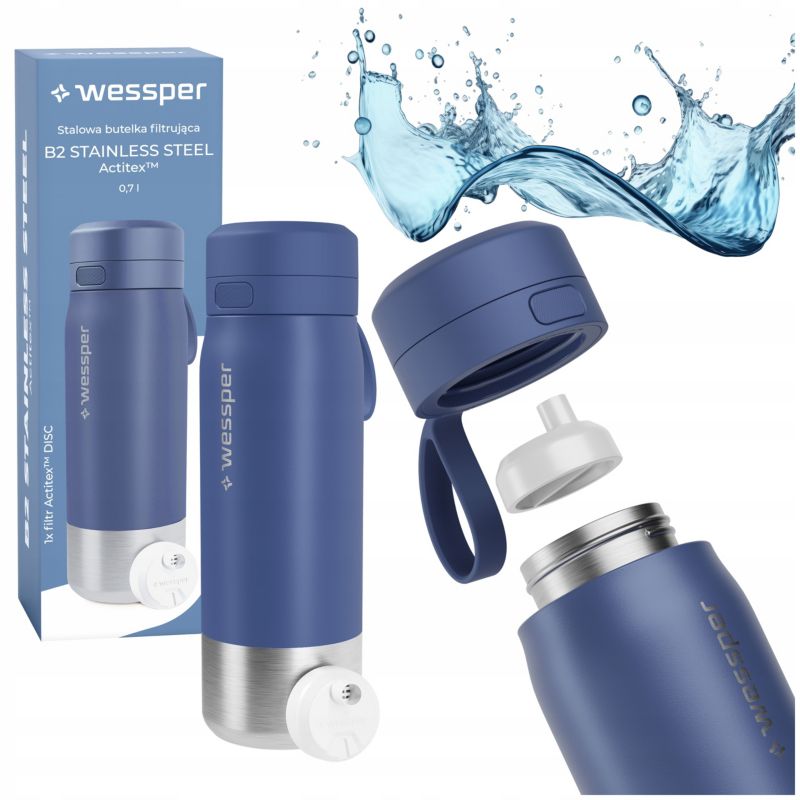 Butelka na wodę, Wessper, filtrująca, stal nierdzewna, bidon, z filtrem wody, 0,7L, B2 STAINLESS STEEL Actitex, niebieska, 1szt