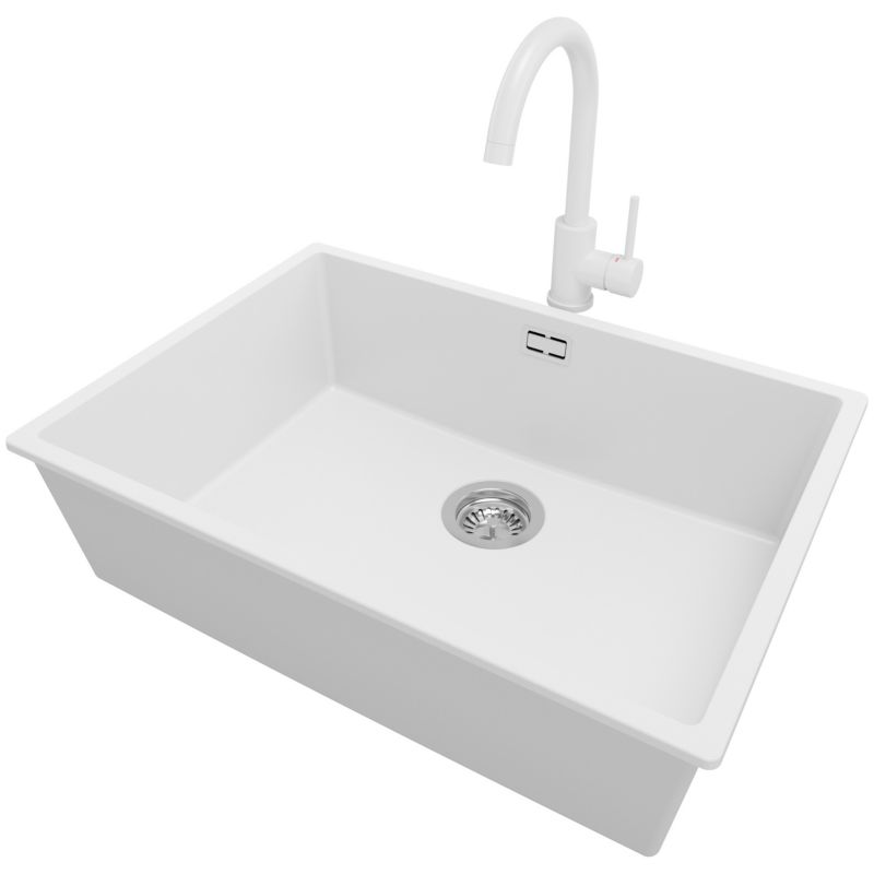 Zlewozmywak podblatowy Londyn PRIMAGRAN 66x47cm do szafki od 70cm, Biały + Bateria 32x20cm + Syfon, S399, 1 szt.