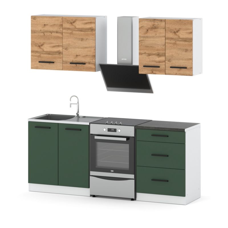Zestaw Kuchenny Hurtownia-Mebli Z Blatem Kuchnia Mini Mokka 200cm Biały Mat Dąb Wotan/Butelkowa Zieleń 200x47x145 cm 1szt.