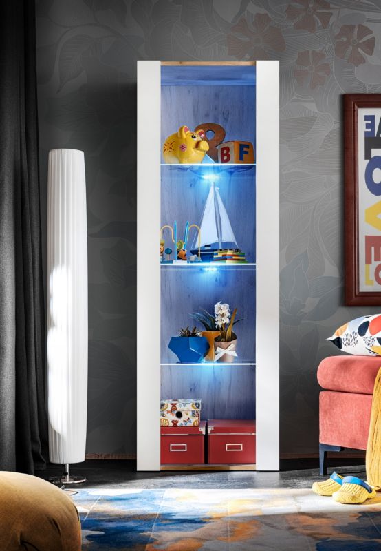 Regał do Salonu Przechowywania, Witryna Szklana Dąb Wotan Biały z LED 1 szt.