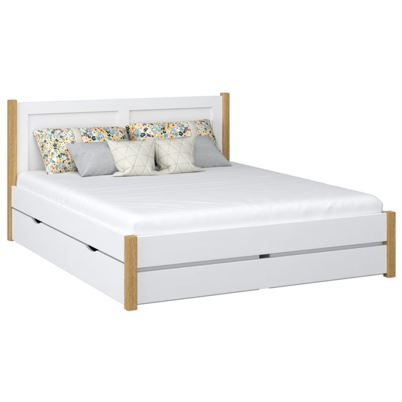 Drewniane łóżko N-WOOD podwójne z szufladą N02 biały / dąb naturalny 180x200 1szt.