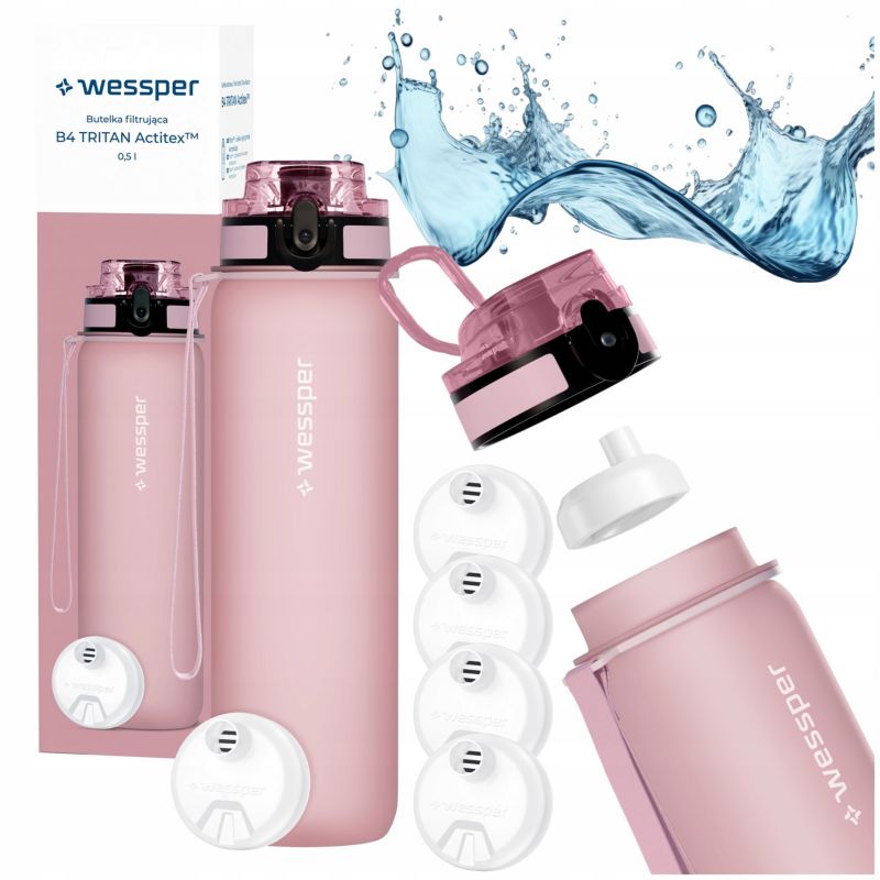 Butelka na wodę, Wessper, filtrująca, tritanowa, bidon + 5x filtr wody, bez BPA, 500ml, B4 TRITAN Actitex, różowa, 6szt