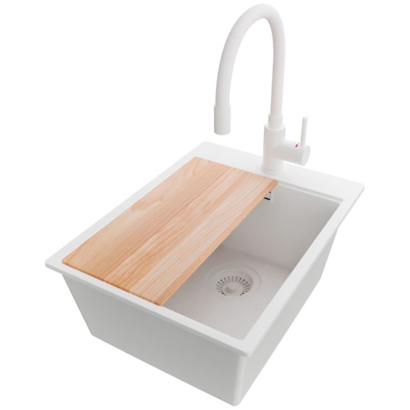 Zlewozmywak Granitowy Oslo PRIMAGRAN Nablatowy 38x50cm do szafki od 40cm, Cały Biały + Bateria + Syfon + Deska, S102, 1 szt.