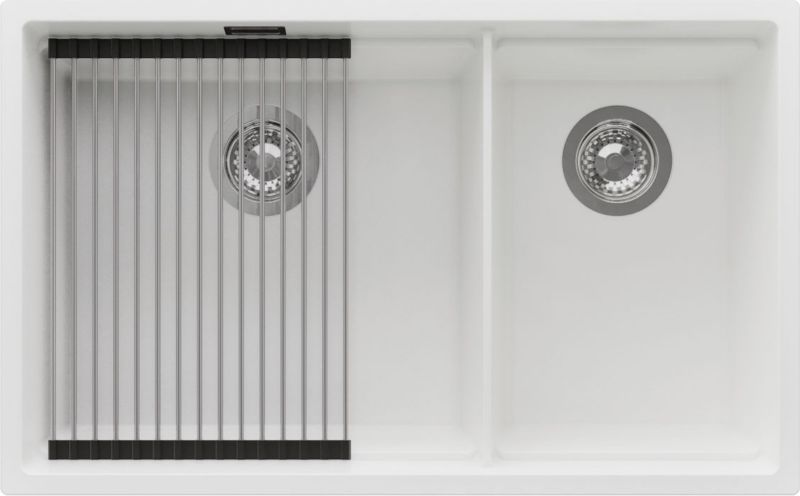 Zlewozmywak Praga Slim Duo PRIMAGRAN Nablatowy 76x47cm do szafki od 80cm, Biały + Syfon + Zwijany ociekacz, , 1 szt.