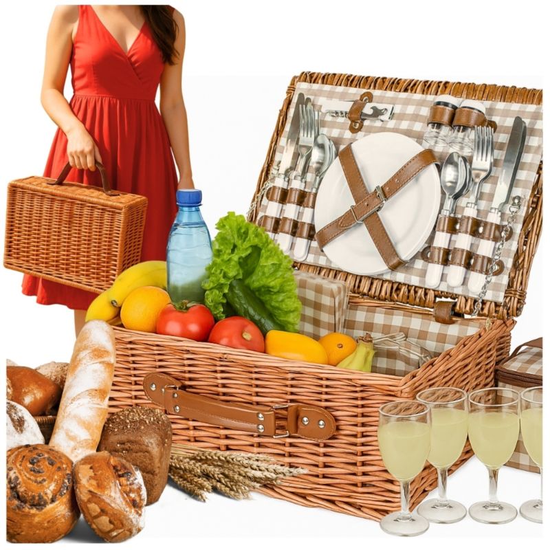 Kosz Piknikowy Koszyk Wiklinowy Zestaw 4 Osobowy Termotorba Sztućce Talerze