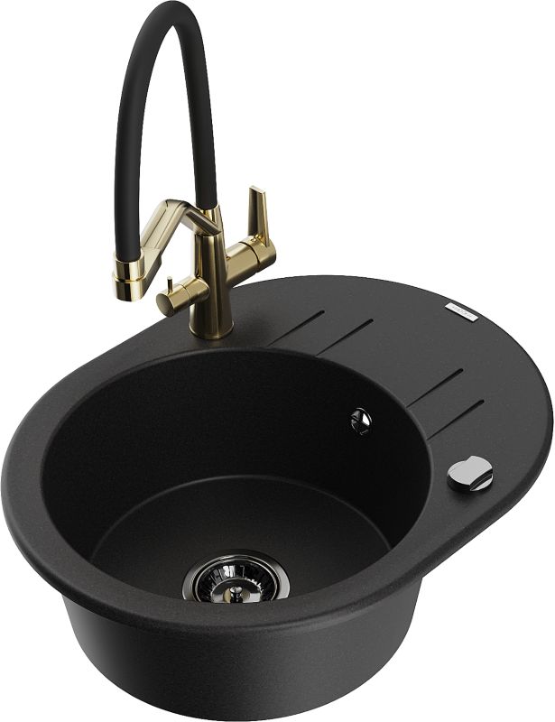 Zlewozmywak granitowy Mexen Kevin 1-komorowy z baterią kuchenną Duo czarny/srebrny - 6517-73-671701-57-G 1 szt.