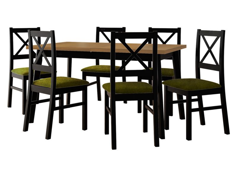 Zestaw DR11 MIRJAN 24 Stół rozkładany Oslo V 80x140/180 + 6 krzeseł Nilo 10 dąb grandson + czarny + ciemnozielona tapicerka 1 kpl.