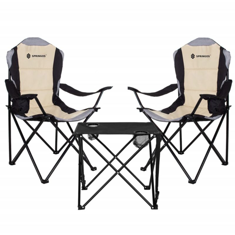 Komplet kempingowy Springos składany stolik i 2 krzesła, meble turystyczne czarno-beżowy 1 kpl.