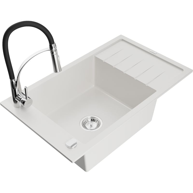 Zlewozmywak granitowy 1-komorowy Mexen Elias z ociekaczem i baterią kuchenną Aster biały 6511-20-73450-07