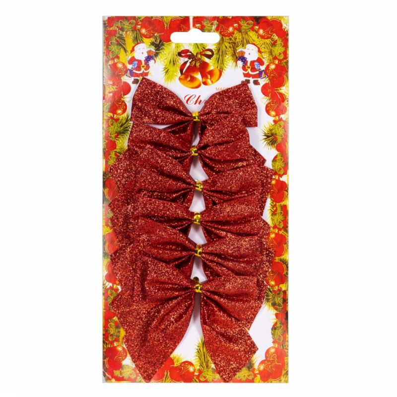 Kokardki na choinkę Springos, brokatowe ozdoby świąteczne zawieszki czerwone 6 szt.