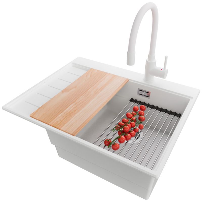 Zlewozmywak Granitowy Sydney PRIMAGRAN Nablatowy 62x50cm do szafki od 45cm, Biały + Bateria + Syfon + Akcesoria, S135, 1 szt.