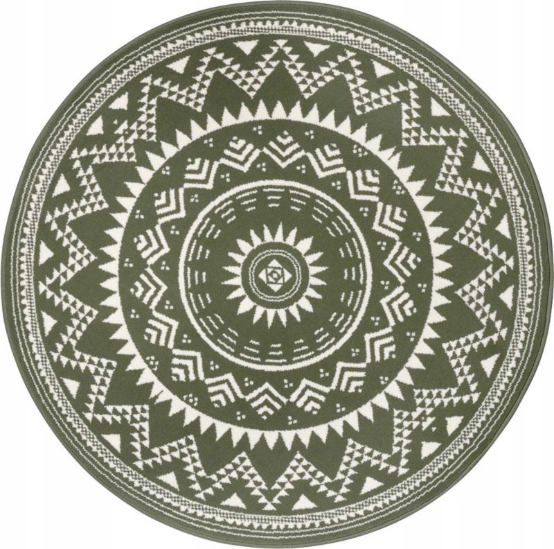 Dywan Hanse Home okrągły do salonu 140cm , miękki włos ,zielono kremowy wzór mandala 1 szt.