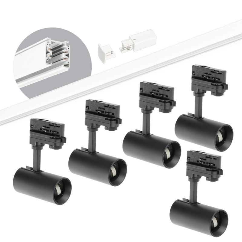 Oświetlenie szynowe 3-fazowe szyna biała 2m, 5x Lampa czarna 1kpl.