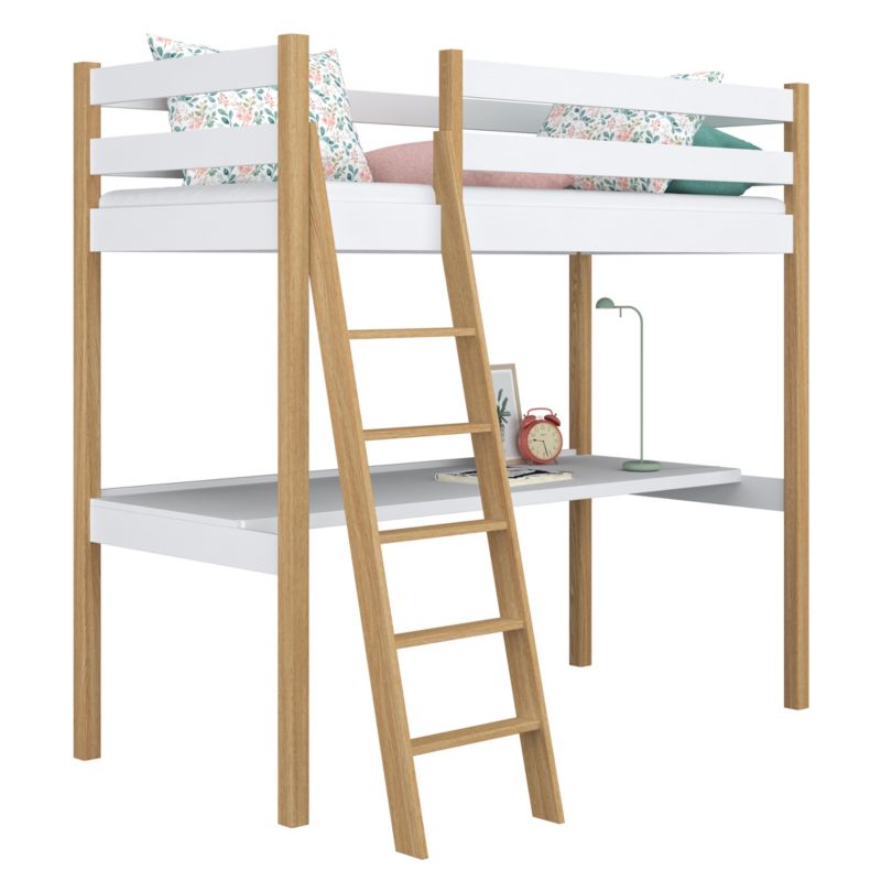 Drewniane łóżko N-WOOD na antresoli z biurkiem N03 biało dębowy 80x190 1szt.