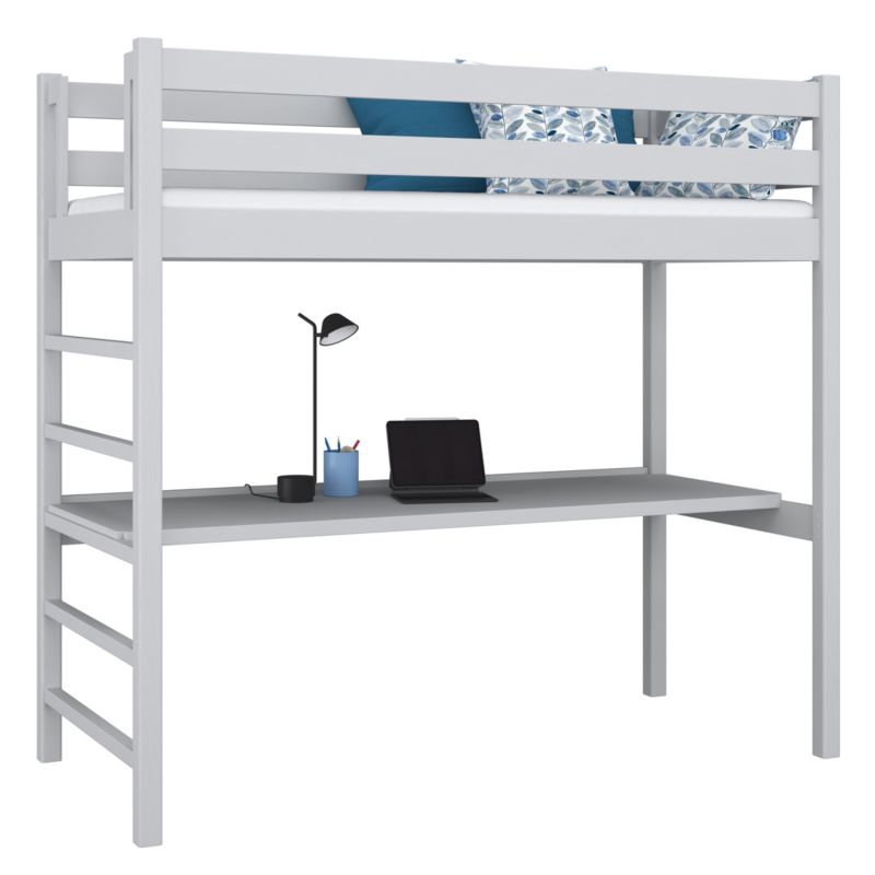 Drewniane łóżko N-WOOD na antresoli z biurkiem N01 popielaty 100x190 1szt.