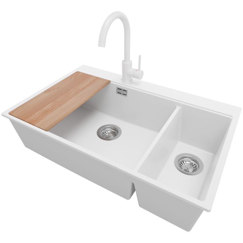 Zlewozmywak Granitowy Oslo Duo PRIMAGRAN Nablatowy 78x50cm do szafki od 80cm, Biały + Bateria + Syfon + Deska, S085, 1 szt.